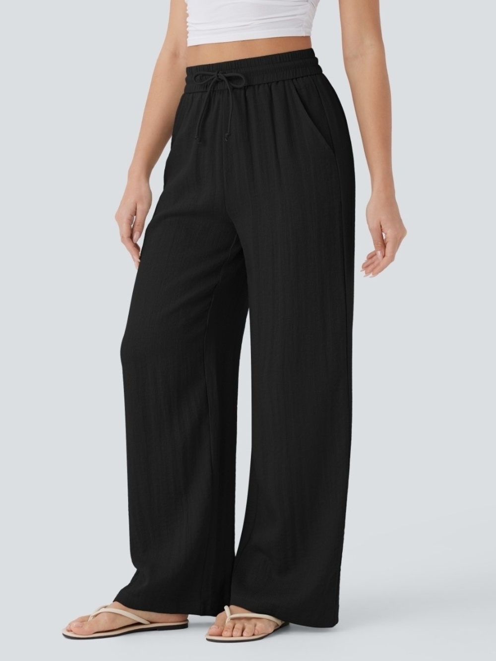 Halara High Waisted Drawstring Pocket Wide Leg Baggy Casual Linen-Feel Pants NWT